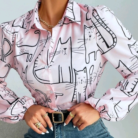 Cat Print Button Front Blouse - Picture 6 of 9